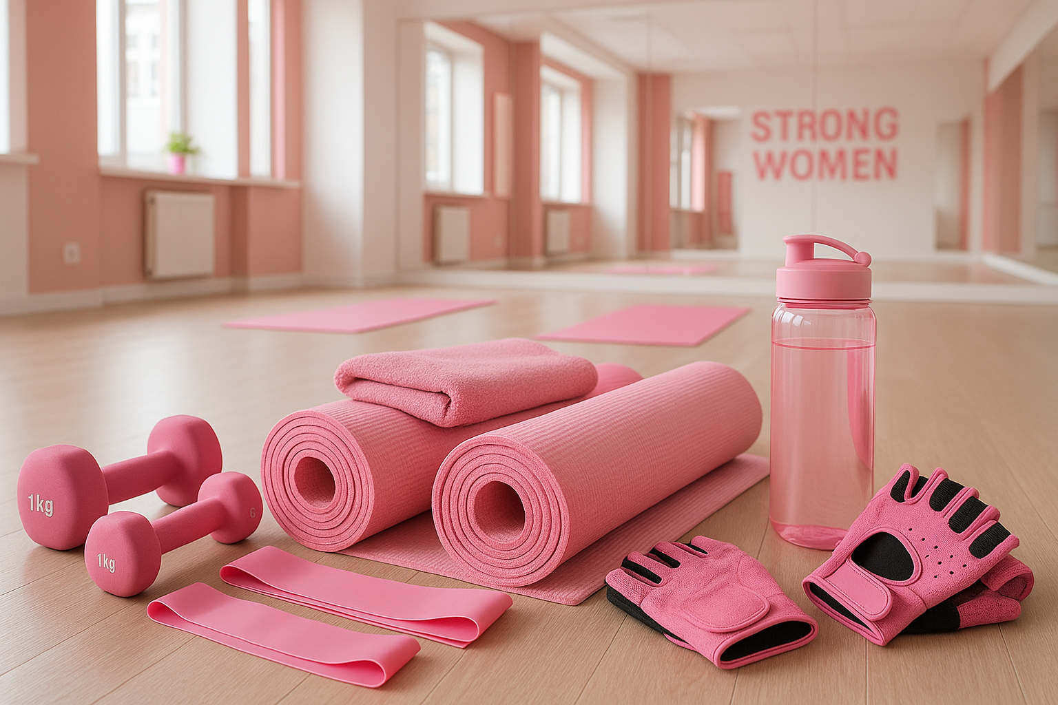 pink work out accesories in a workout studio for women